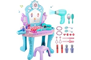 TSOMTTO Toddler Vanity Magic Makeup Table and Chair Set Girl Toys Mirror with Music Light Frozen Toys for 1 2 3 4 5 Year Old Girls Hair Salon Pretend Play Princess Dress Up Playset Kids Toddler