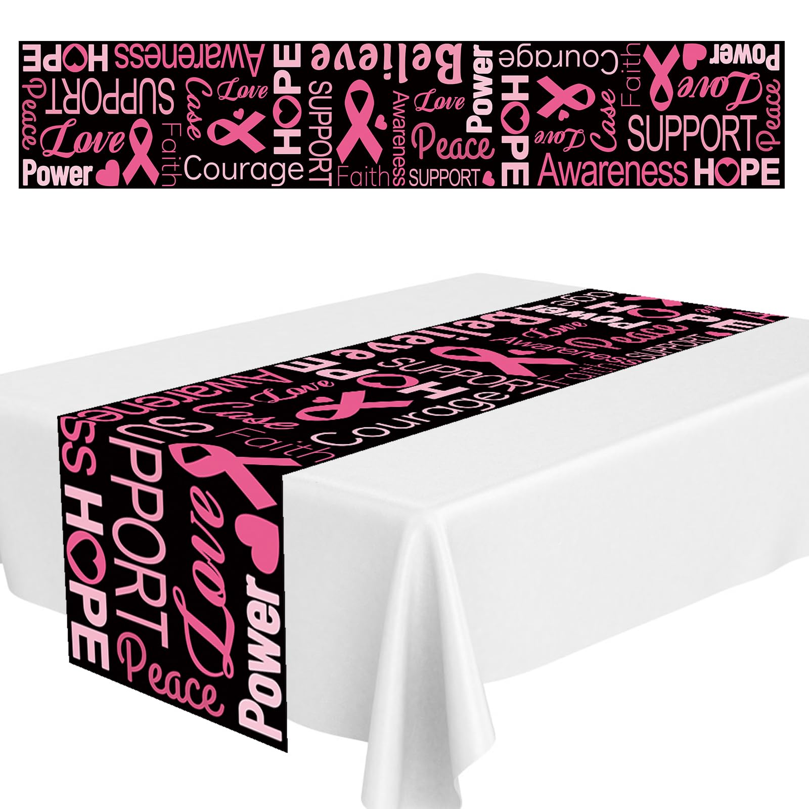 WANDIC Pink Ribbon Table Runner, 35 * 180cm Breast Cancer Awareness Table Runner for Dining Table Coffee Table Decoration Home Kitchen