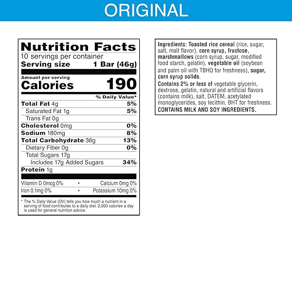 RICE KRISPIES TREATS HOMESTYLE CRISPY MARSHMALLOW SQUARES, KIDS SNACKS, LUNCH SNACKS, ORIGINAL, 16.2OZ BOX (10 BARS)