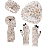 Womens Winter Beanie Hat Scarf Gloves Headband Set, Chenille Men Winter Knit Hats Touchscreen Gloves Fleece Lined Knit Scarfs