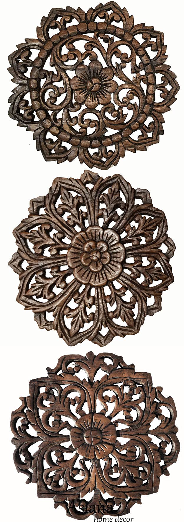 Photo 1 of (ONE IS MISSING) Asiana Home Decor Set of 3 Round Floral Teak Wood Wall Plaques. Size 12"x12"x0.5". Brown. Wall Home Decor. Living Room, Dining Room