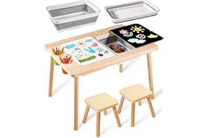 Purelax Children's Sensory Table with 2 Stool, Multifunction Toddler Play Sand Table Indoor Art Table Drawing Table for Kids, Toddler Sensory Table with 2 Storage Bin, 2 Stool, 2 Pen Holder