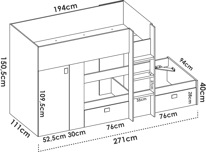 GROE - Cama Tren con 2 camas juveniles - Blanco / Grafito - 150x271x111 cm
