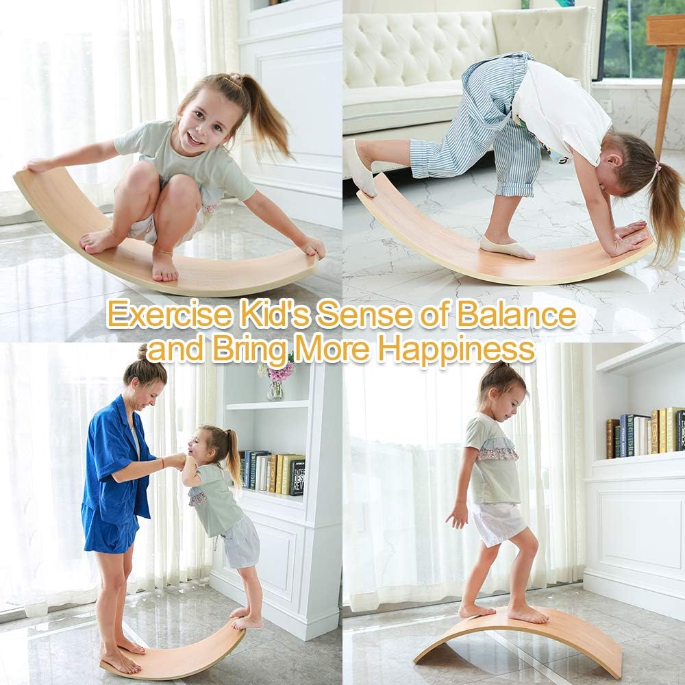 HAJACK Wooden Balance Board, Wobbel Curvy Board for Kids&Adults, Natural Wood Rocker Board, Great Kids Learning Toy for Body Training , Exercise and Physical Therapy for Home &Classroom（35 Inch Size）: Toys & Games