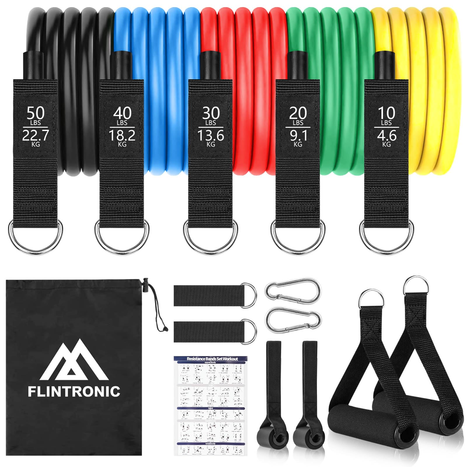 Flintronic Resistance Bands Set, TPE Elastic Bands With 5 Fitness Tubes, 2 Foam Handles, 2 Ankle Straps, 2 Door Anchor, 2 Carabiner, for Strength Training Fitness Pilates Yoga (Multicolor)