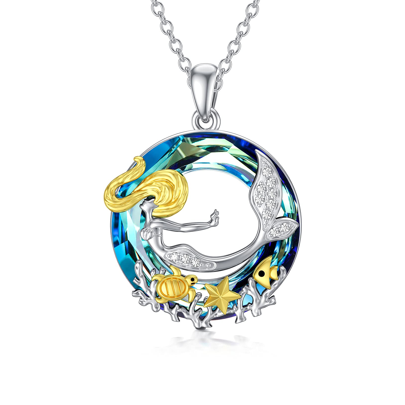 Shusukue Mermaid Pendant necklace for girls 925 sterling silver sea turtle ocean necklace with Blue crystal jewelry gifts for girls women children