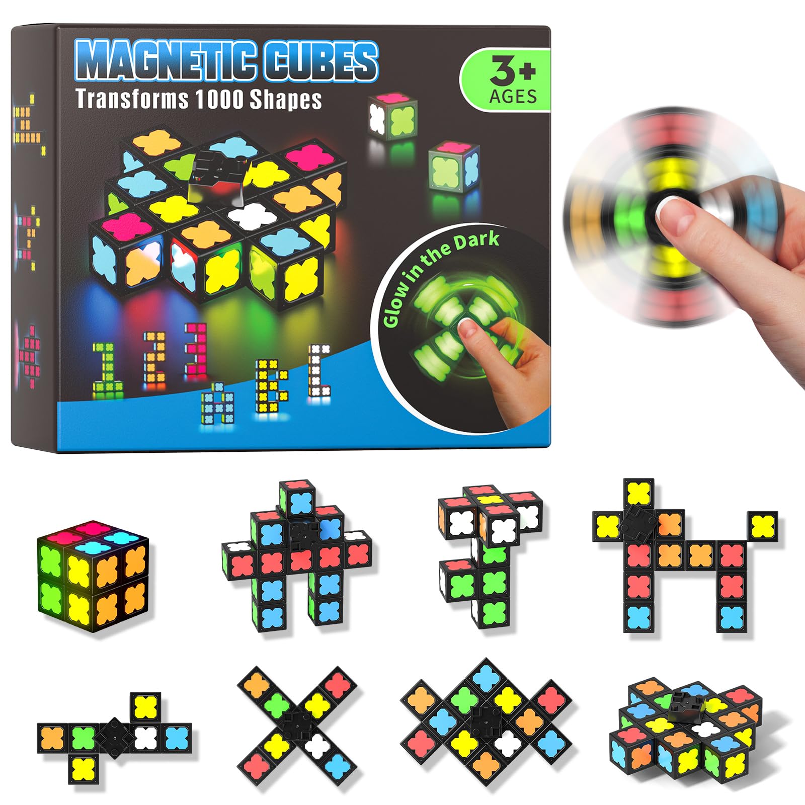 Magnetic Fidget Toy for Kids, Teens, Adults, Fidget Spinner Toys with 12 Glow in the Dark Magnetic Blocks, DIY Spin Top Hand, Creative Fingertip Magnet Toys Gifts for ADHD Autism, STEM Sensory Toy