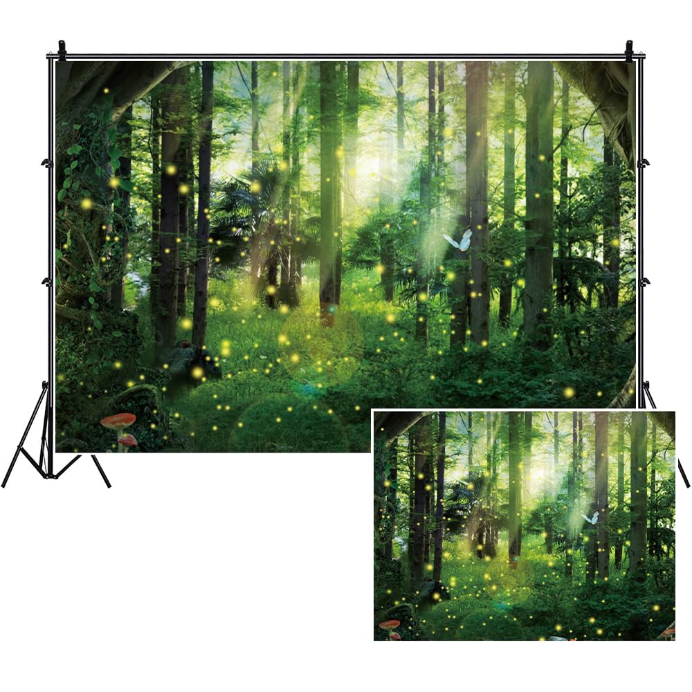 SDOTPMT 8x6ft Magical Fantasy Forest Polyester Backdrop Jungle Safari Theme Party Background Sunlight Spring Green Tree Butterfly Enchanted Forest Theme Baby Shower Banner Adult Photo Studio Props