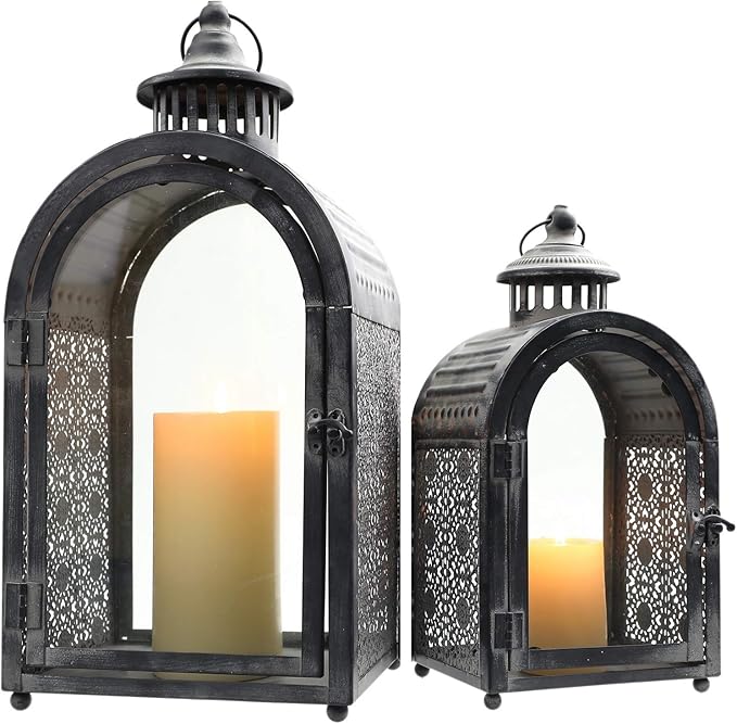 JHY DESIGN Set of 2 Black with grey brush Decorative Lanterns, Metal