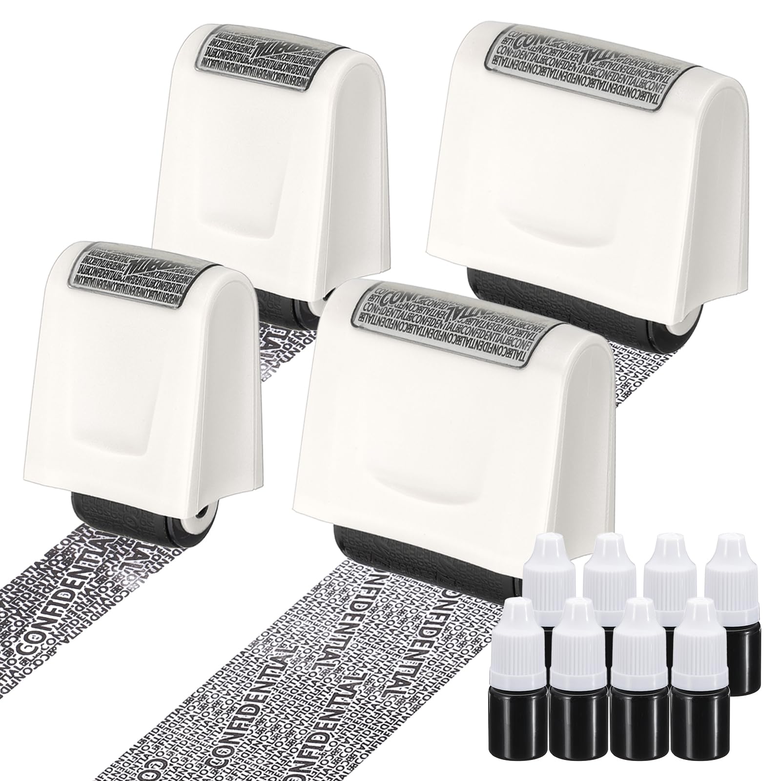 PATIKIL Identity Theft Protection Roller Stamp, 4Pcs 0.7/1.7" Confidential Roller Stamp Privacy ID Police Stamp Roller for Security ID Address with 8Pcs Refills, White