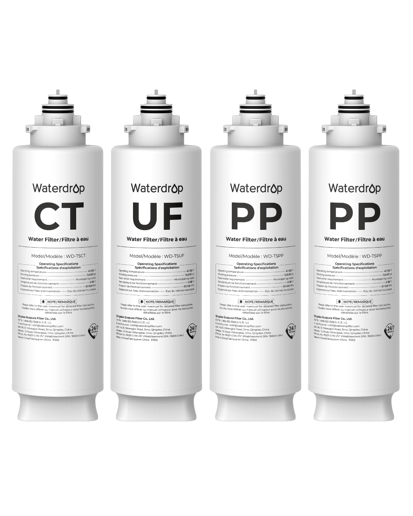 Waterdrop TSU Reemplazo de filtro de agua debajo del fregadero, paquete de reemplazo de 1 año, paquete de 4 (2 x TSPP, 1 x TSUF, 1 x TSCT), para sistema de filtración de agua debajo del fregadero Waterdrop TSU y TSU-WB