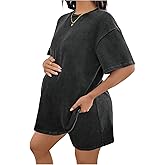 OYOANGLE Women's Maternity 2 Piece Lounge Set Short Sleeve Drop Shoulder Tee and Shorts Summer Travel Outfits