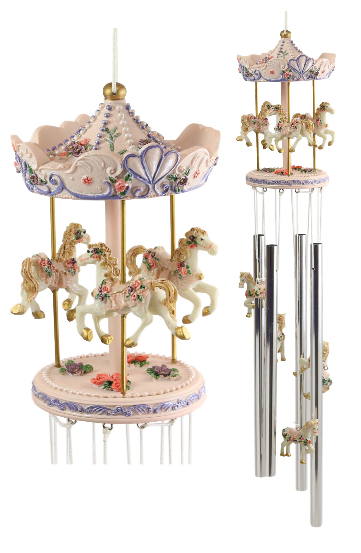 Ebros Gift Pink Carnival Canopy Pony Horses Carousel Figurine Crown Top Resonant Wind Chime With Miniature Ponies Ornaments For Garden Patio Home Animal Themed Decorative Accent Circus Fairs Festivals
