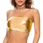 Gatielzana Women's Metallic Crop Top Shiny Strapless Tube Bra for Dancing, Raves, Festivals, Costumes