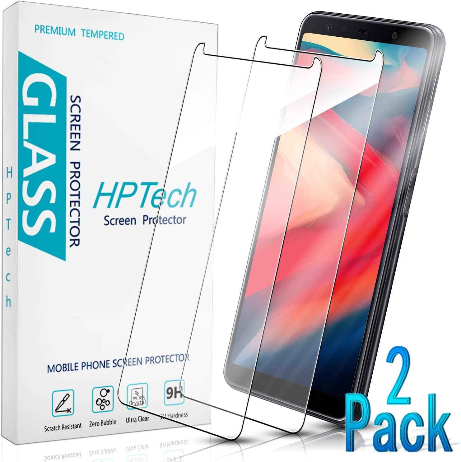 HPTech Galaxy A7 2018 Screen Protector - (2-Pack) Tempered Glass Film for Samsung Galaxy A7 2018 Screen Protector Bubble Free, Easy to Install with Lifetime Replacement Warranty