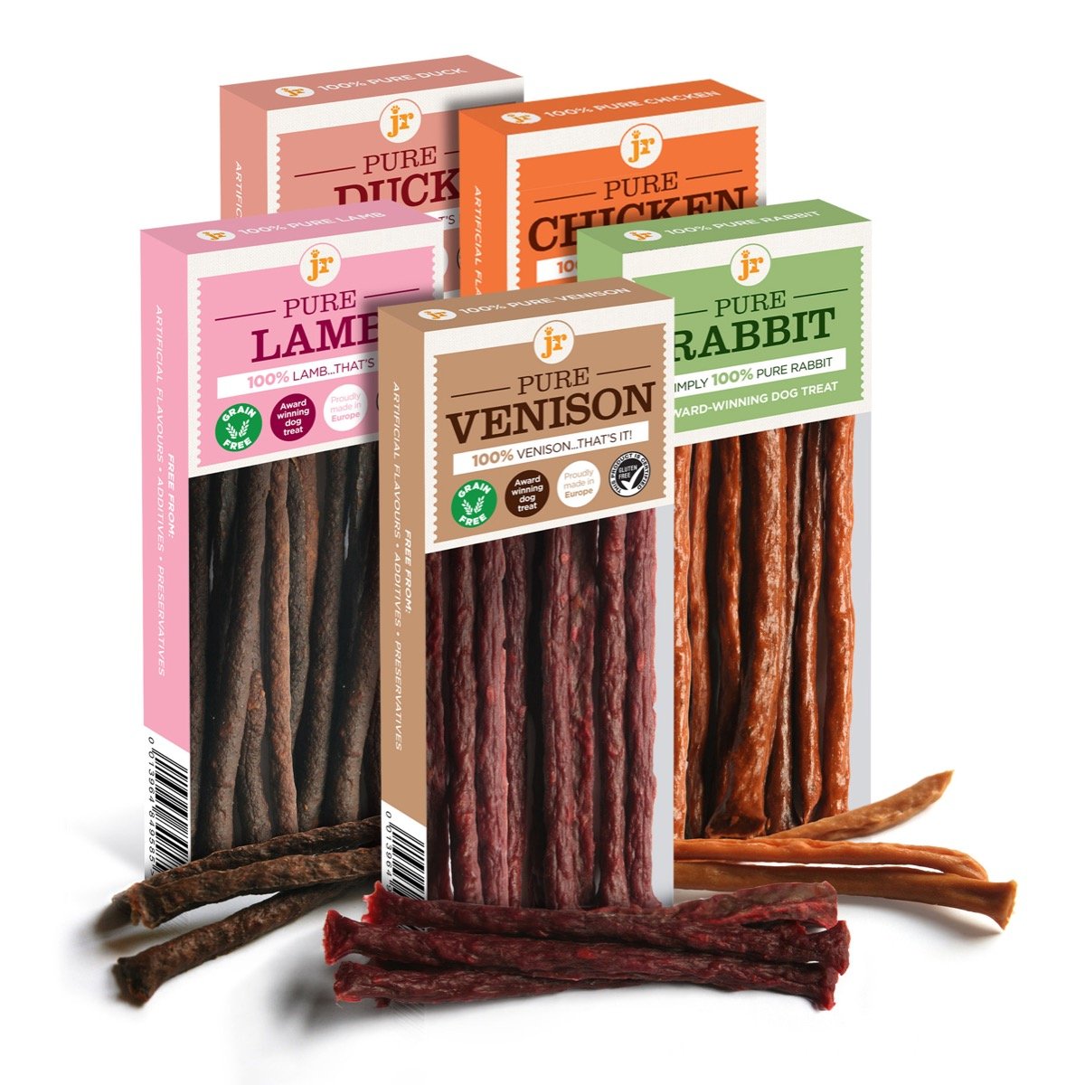 JR Pet Products 5 x 50g Variety Pure Dried 100% Fresh Meat Sticks Dog Treat Gluten & Grain Free Venison Lamb Duck Chicken Rabbit