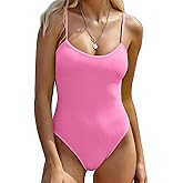 ZAFUL Ribbed One Piece Bathing Suit for Women Scoop Neck Open Back 1 Piece Swimsuits Sexy High Cut Cheeky Monokini Pink S