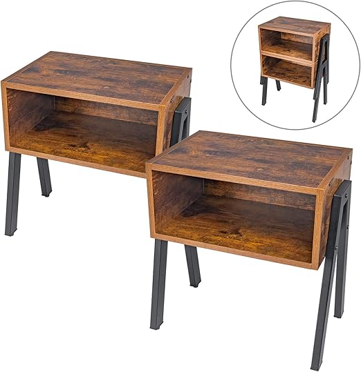 Amazon Com Nightstand Set Of 2 Stackable End Table Side Table For Small Spaces Industrial Accent Furniture Metal Frame Rustic Brown Kitchen Dining