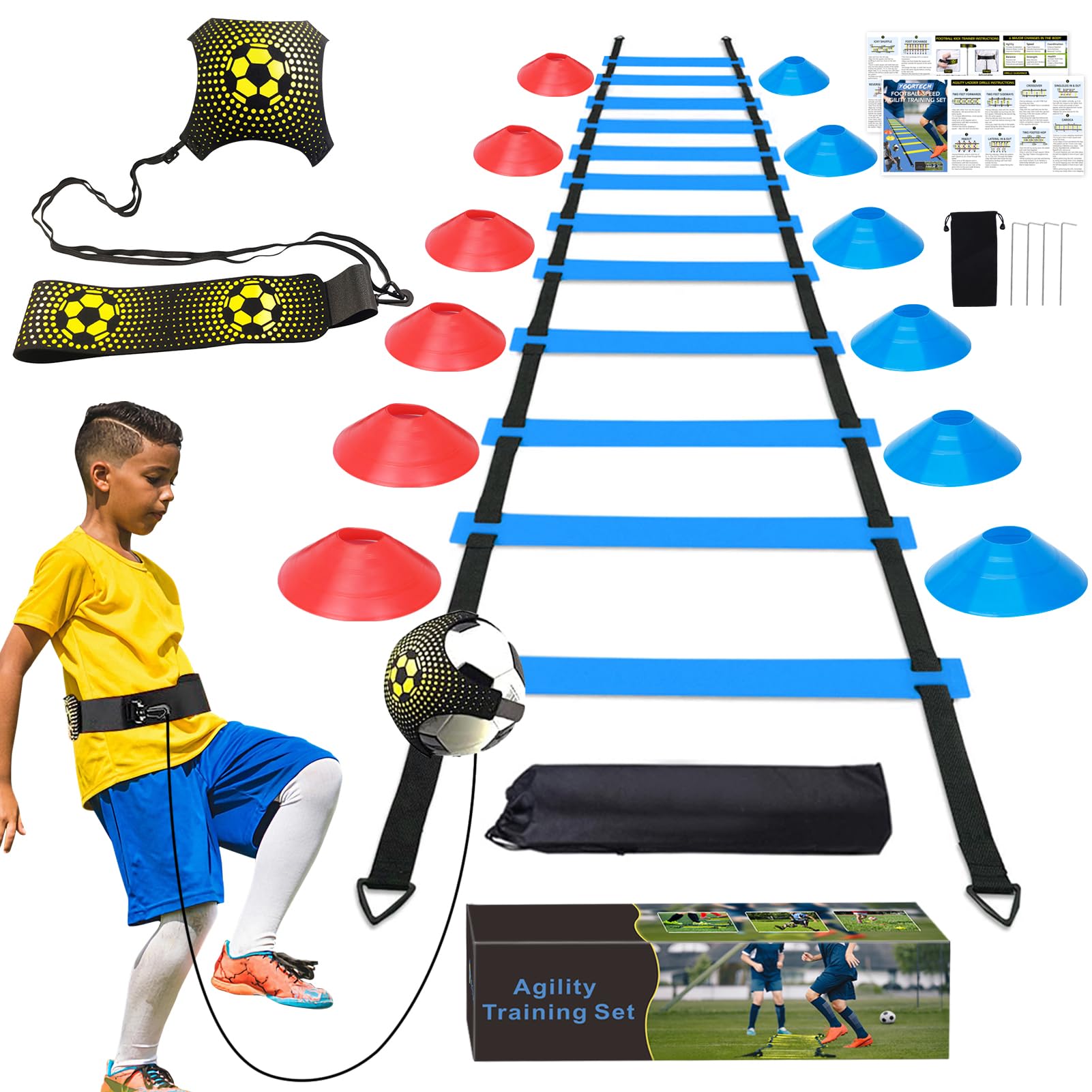YGORTECH Football Training Equipment for Kids, Speed Agility Training Set, Agility Ladder 12 Rung 6M, Football Kick Trainer, 12 Disc Cones, Football Training Kit Gifts for Boys
