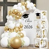 Graduation Decorations 2026,4 Pcs Transparent Balloon Boxes with Letters of GRAD,PROUD OF YOU,Class of 2026 and 130pcs White Gold Balloons Arch for High School College 2026 Grad Party Supplies