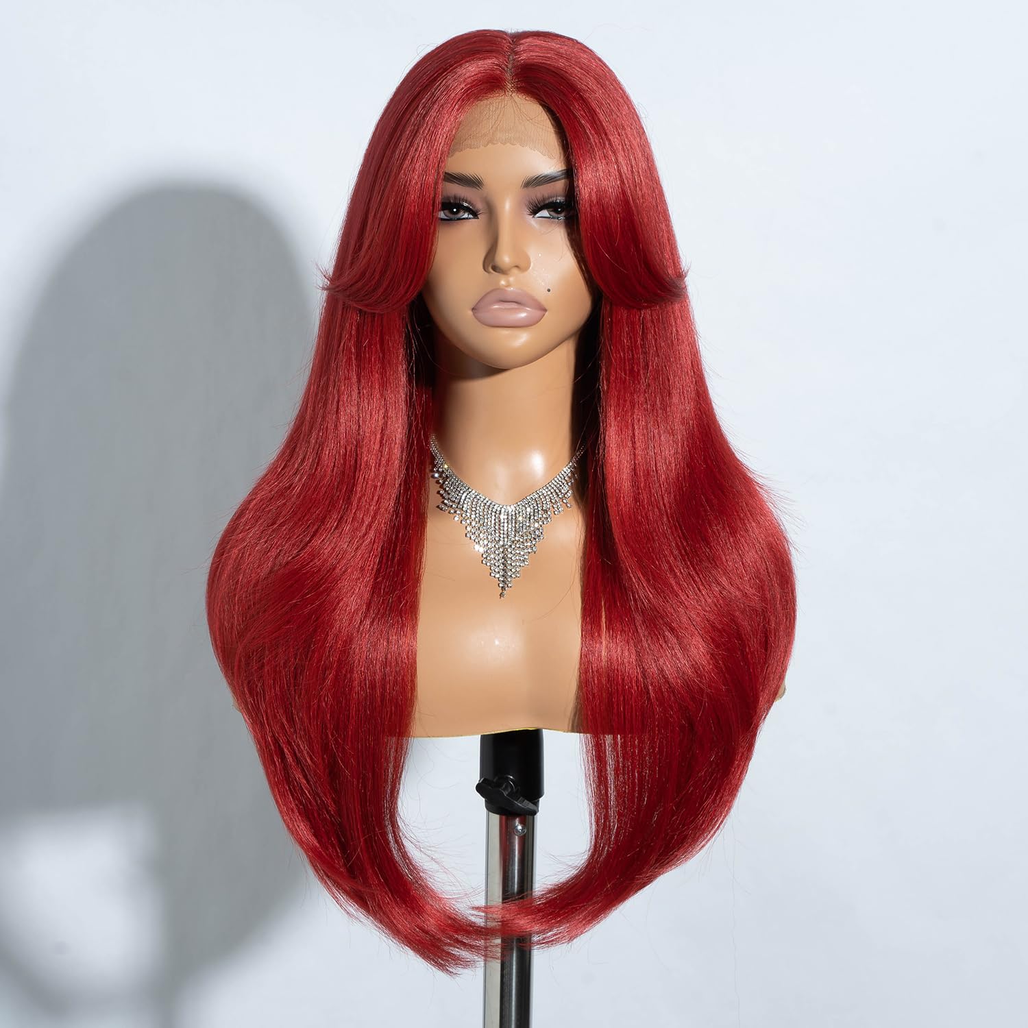 Joedir Long Layered Wig With Curtain Bangs Deep Part Lace Front Wigs for Women 26 Inch Middle Part Red Layered Wig Heat Resistant Synthetic Wigs for Daily Party Use