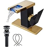 Bathroom Faucet Single Hole Handle LED Waterfall Open Spout Black&Golden Modern Brass Sink Vanity Faucets 3 Hole 4 Inch Basin Lavatory with Pop Up Drain Stopper Overflow Deck Mount Plate