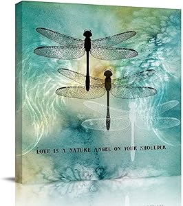 Modern Canvas Wall Art Square Art Painting for Bedroon Living Room Bathroom,Quote Love is A Nature Angel on Your Shoulder Dragonfly Printed Artworks Home Decor,Framed,Ready to Hang,12 x 12 Inch
