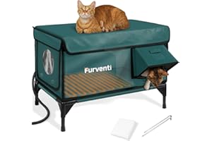 LAMLINGO Heated Cat House for Outside,Dual Camera Mounts,100% Weatherproof & Extremely Insulated,Elevated Feral Cat Shelter with Escape Door,Waterproof Eaves for Outdoor Stray Barn Cat(Dark Green,L)