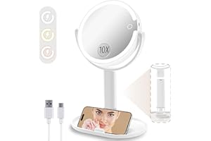 vpu Vanity Makeup Mirror with Lights, 10X/1X Double Sided Magnifying Light up Desk Mirror with Stand Cosmetic Organizer, 3 Color Brightness Adjustable 360° Rotation Detachable for Travel