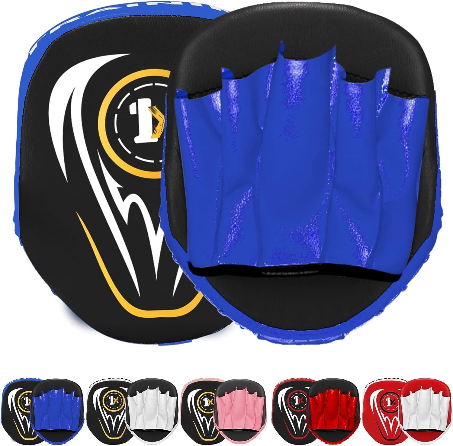 Junior Boxing Focus Pads & Punch Mitts - Straight & Hook Pads for MMA, Kickboxing, Karate, Muay Thai & Taekwondo Training - Punch Gloves for Kids (BLACK/BLUE)
