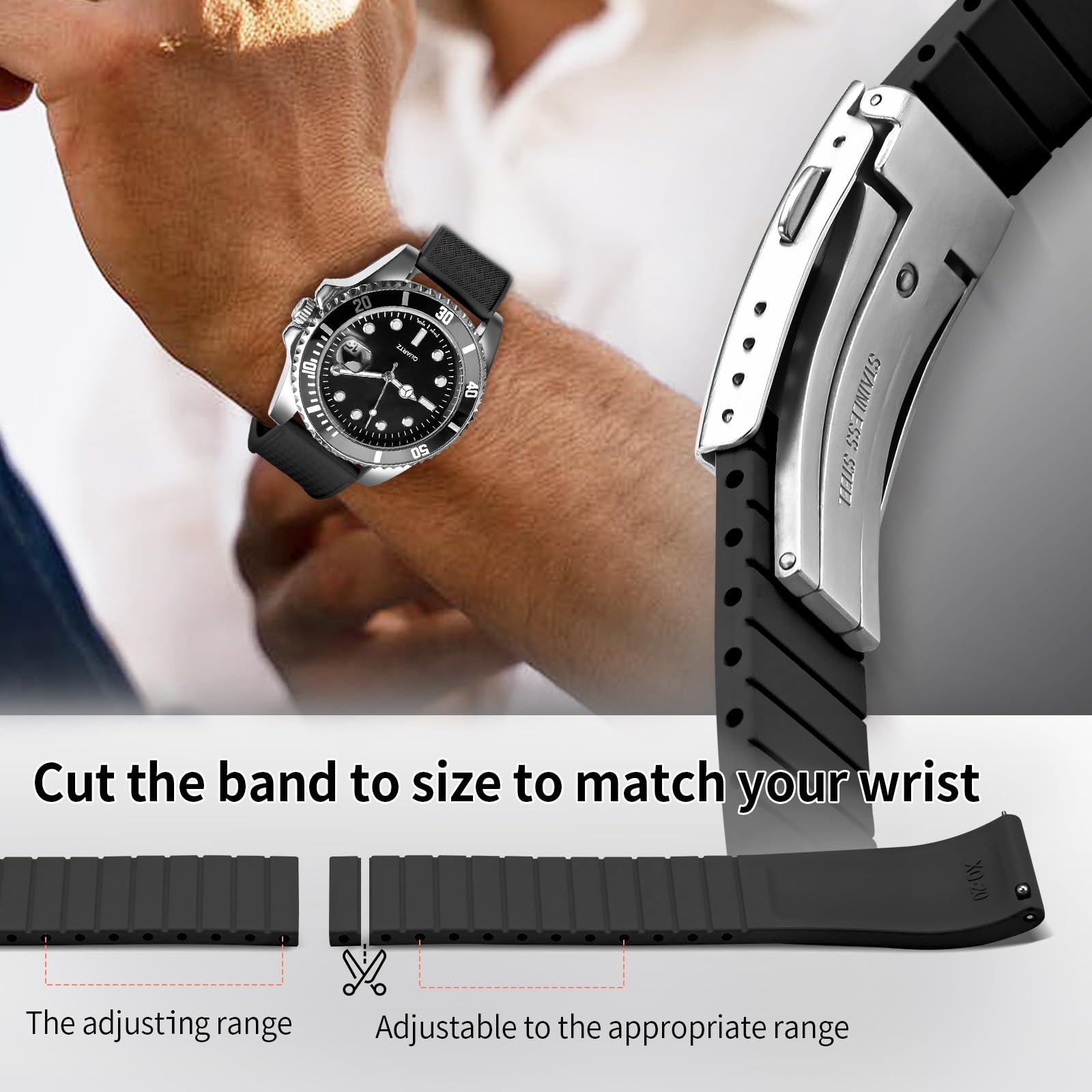 ULLCHRO FKM Rubber Watch Strap, Cut to Size Quick Release Fluororubber Watch Band Soft Replacement Watchband with Silver Milled Clasp for Men Women 18mm 19mm 20mm 21mm 22mm