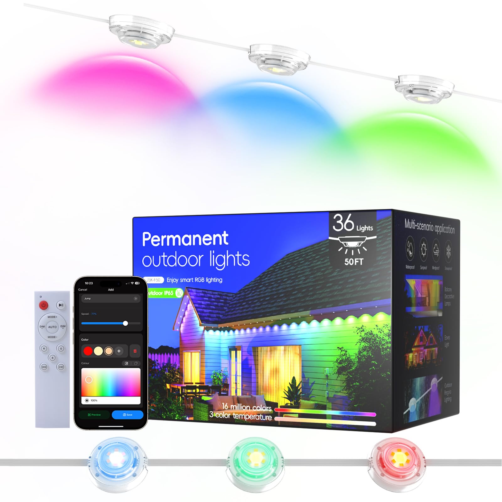 Photo 1 of Permanent Outdoor Lights Pro, 50ft with 36 RGBCW 7-in-1 LED Lights, 120° Beam Angle Smart Outdoor Decor with DIY Scene Modes, IP65 Waterproof, Voice Control Light for House Christmas Decorations