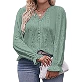 VOGRACE Plus Size Tops for Women V Neck Ruffle Long Sleeve Eyelet T Shirt Trendy Lace Crochet Casual Hollow Blouses Tees