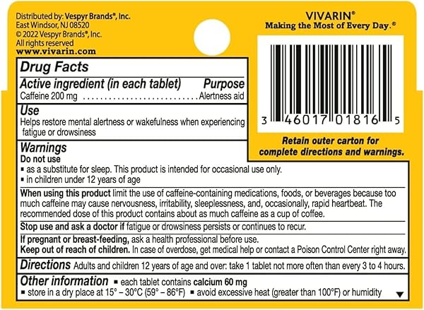 VIVARIN, CAFFEINE PILLS, 200MG CAFFEINE PER DOSE, SAFELY AND EFFECTIVELY HELPS YOU STAY AWAKE, NO SUGAR, CALORIES OR HIDDEN INGREDIENTS, ENERGY SUPPLEMENT, 16 TABLETS
