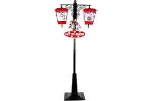 Fraser Hill Farm 71-in. Musical Snowy Christmas Street Lamp with Dual Lanterns in Black/Red with Cascading Snow, Lighted Christmas Decoration with Music for Living Room and Foyer