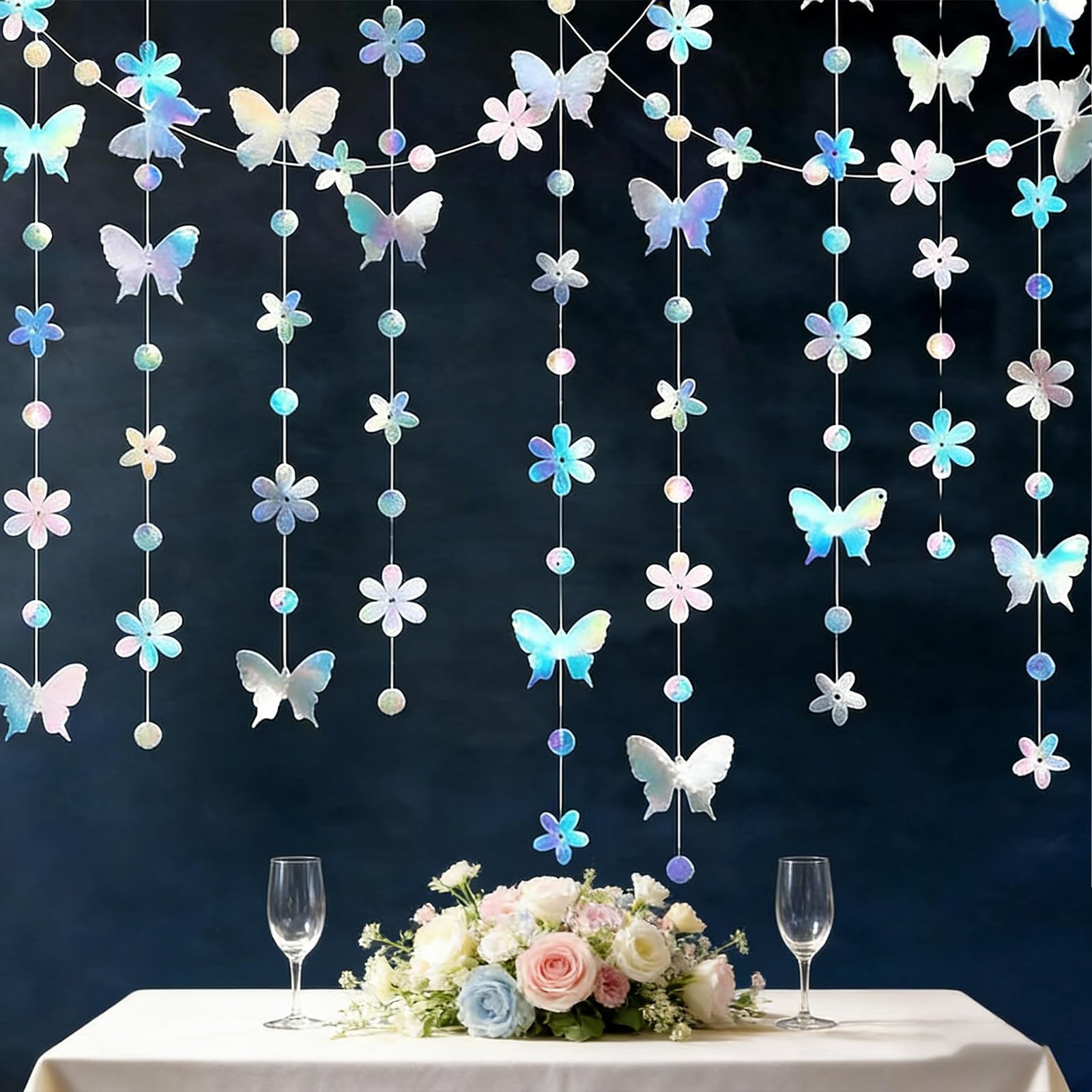 39Ft Iridescent Rainbow Streamer Garland – 3 Pcs Holographic Butterfly Party Decorations – Paper Hanging Garland for Birthday, Wedding, Outdoor Party, Under the Sea Theme & Holiday Celebrations