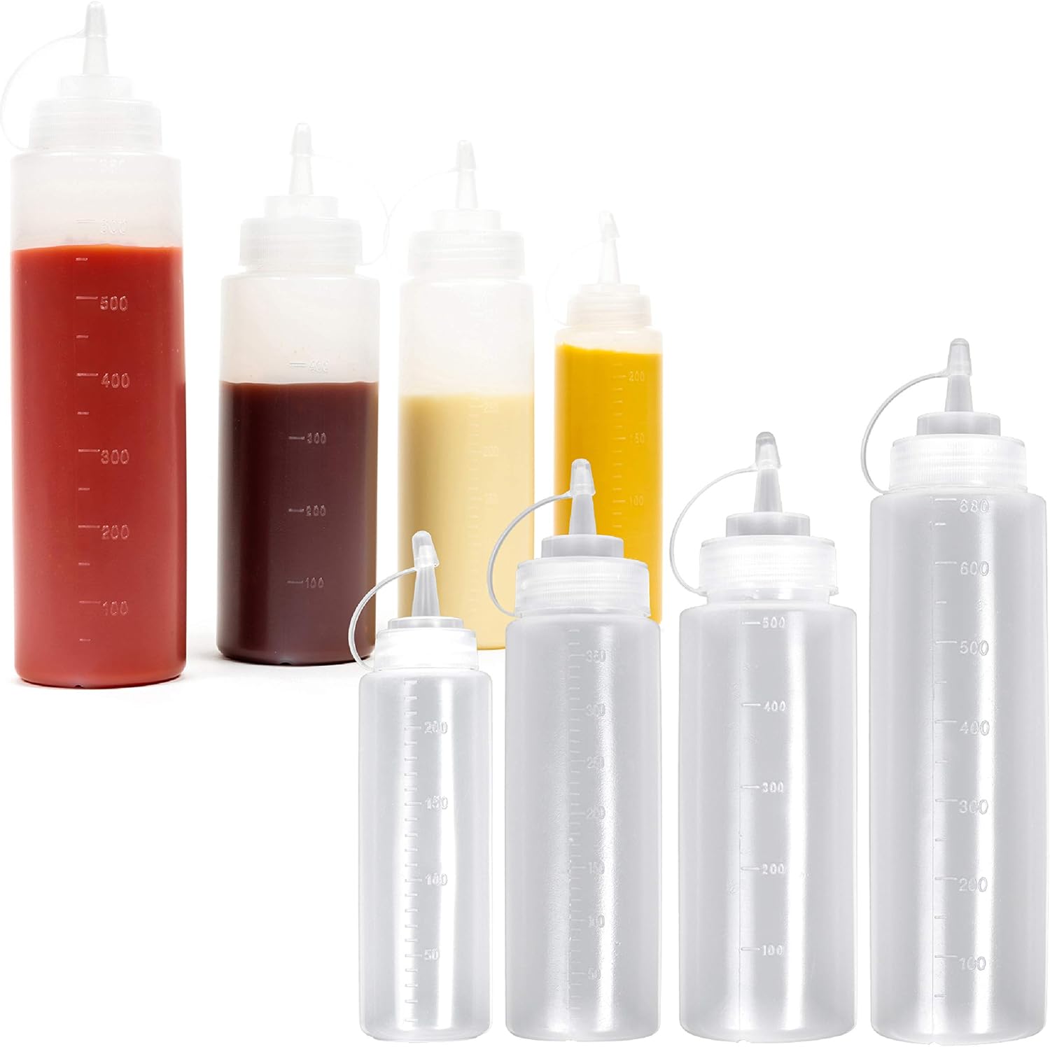 8 Squeeze Bottles with Caps, Mixed Sizes (2*240ml 2*360ml 2*500ml 2