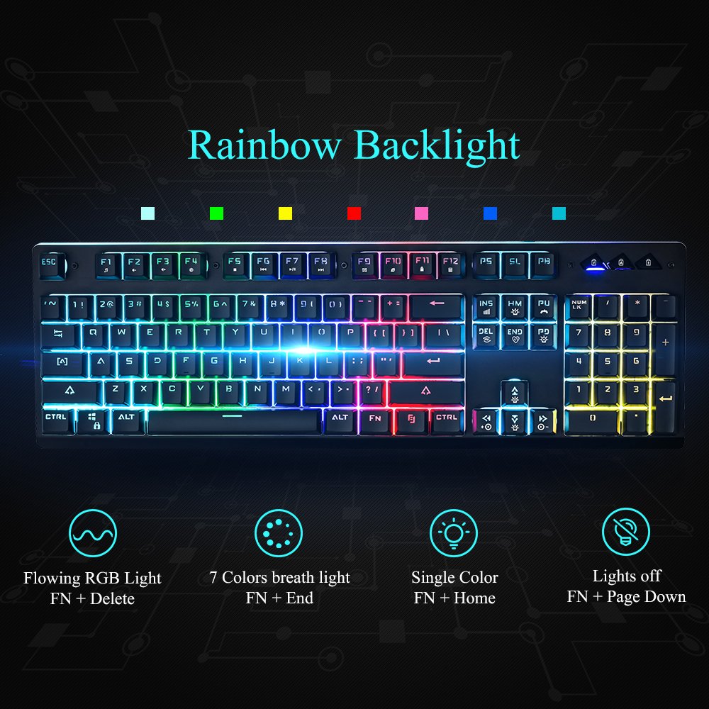 Wired Gaming Keyboard,Horsky USB Backlit LED Rainbow Light Illuminated Professional Membrane Mechanical Feeling Keyboard for PC and Mac Gamer with 104 Keys OEM Keycaps Waterproof Black