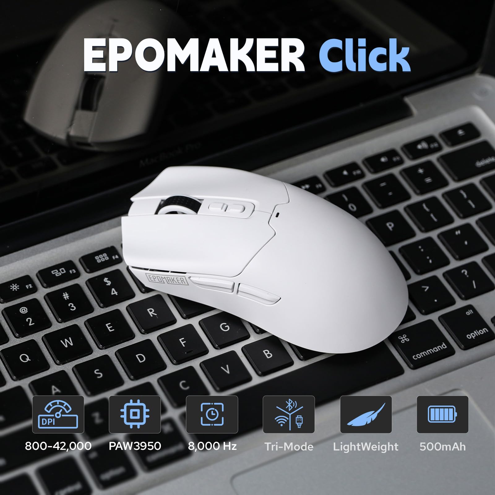 EPOMAKER Click Gaming Mouse Wireless 2.4Ghz/Bluetooth/Type-C, 800 to 42,000 DPI Adjustable, 8K Polling Rate, 500mAh, Lightweight Optical Mouse, for PC/Mac/Linux (White)