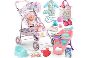 YIYBM Baby Doll Stroller Play Set with 12.5" Baby Doll,Dining Chair, 2 Sets Clothes and 20 PCS Doll Accessories. Stroller Toy