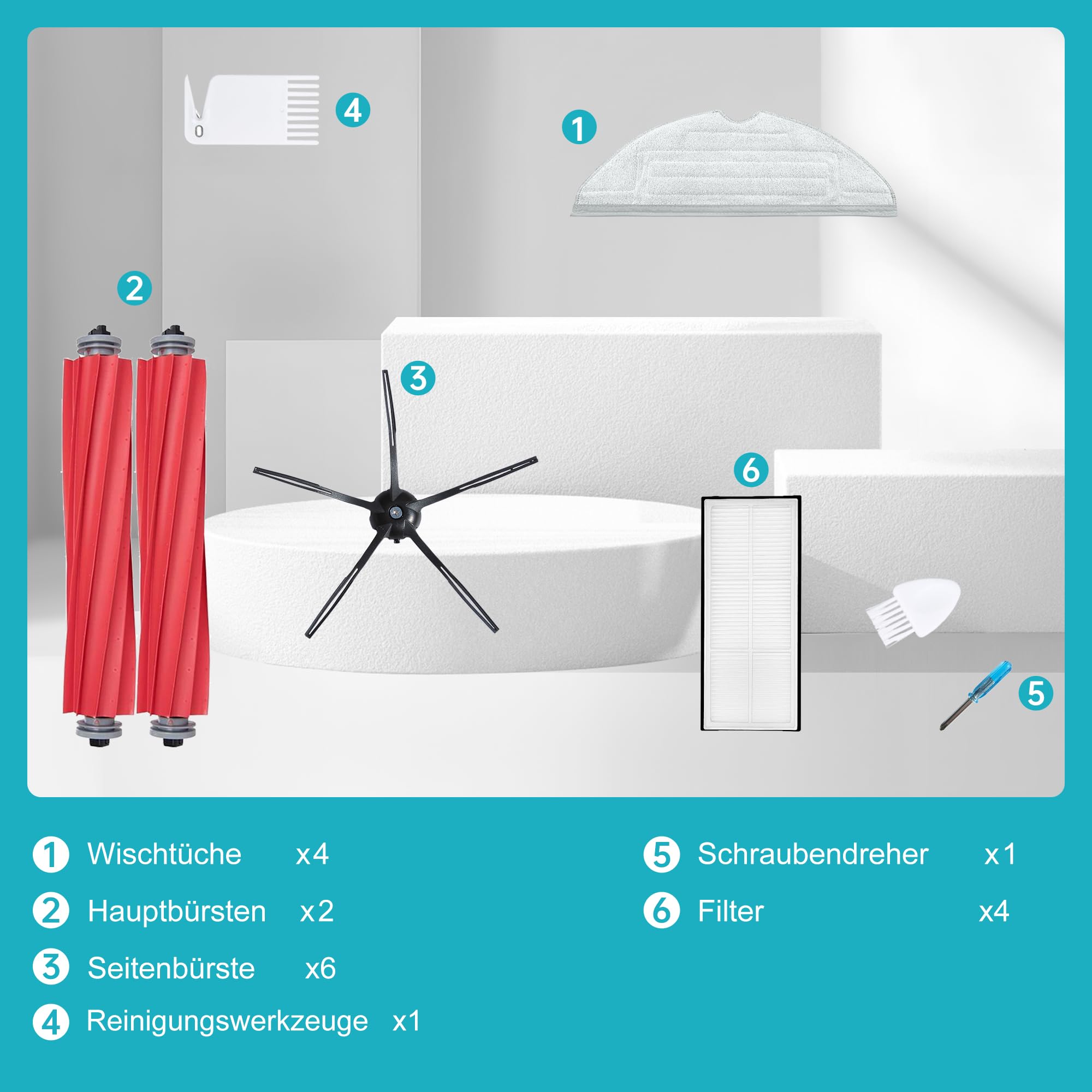 Loveco Zubehör Ersatz Kompatibel für Roborock S7 S7 Plus S7 MaxV , Ultra Roboter Staubsauger,2 Hauptbürste, 4 Filter,6 Seitenbürsten,4 Mopptüchern, 1 Bürstenreinigungswerkzeug 7