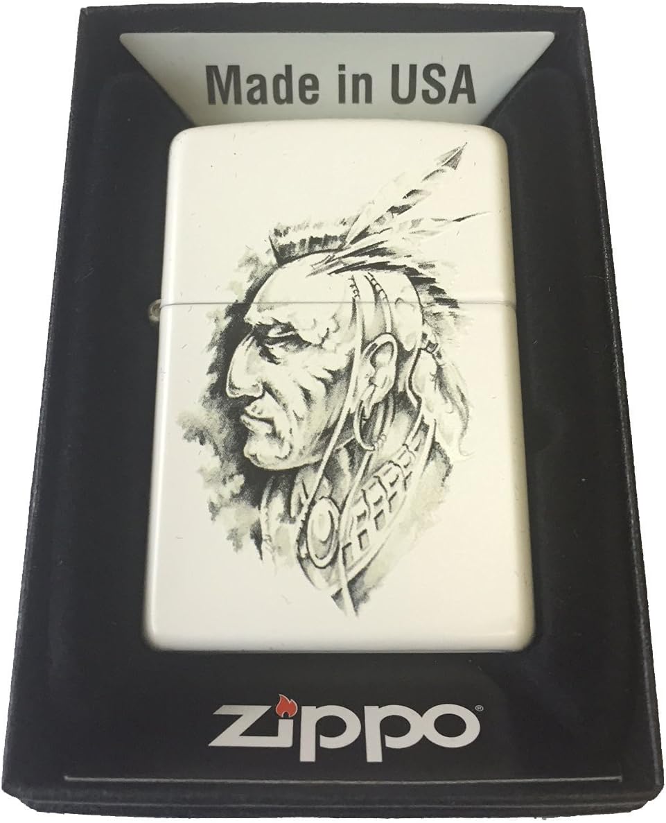 Zippo Custom Lighter - Native American Indian Chief Art Sketch White Matte