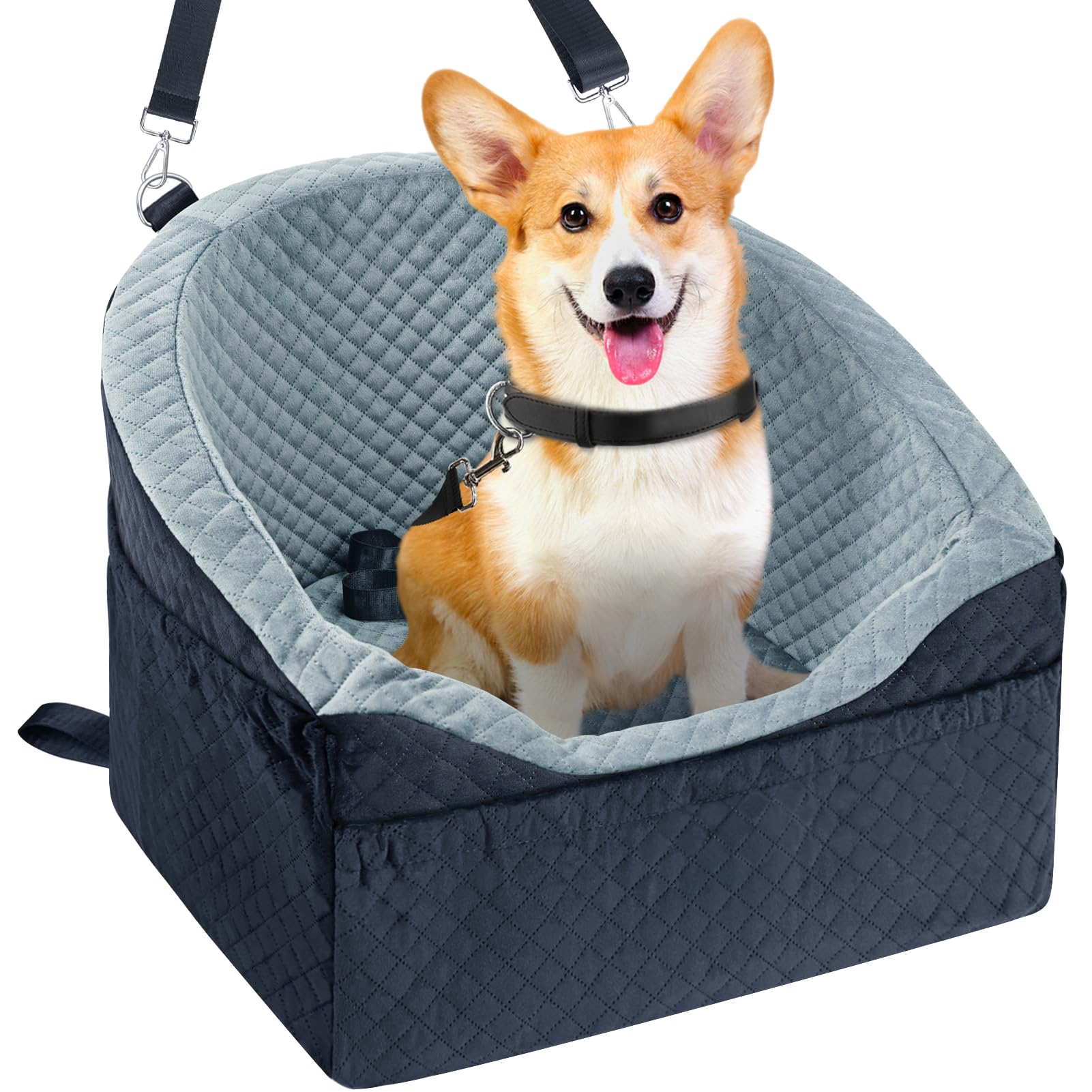 Photo 1 of Vivifying Dog Car Seat for Small & Medium Dogs, Detachable & Washable Booster Seat for Pets Up to 30lbs, Travel Bed with Storage Pockets and Safety Belt – Gray&Black