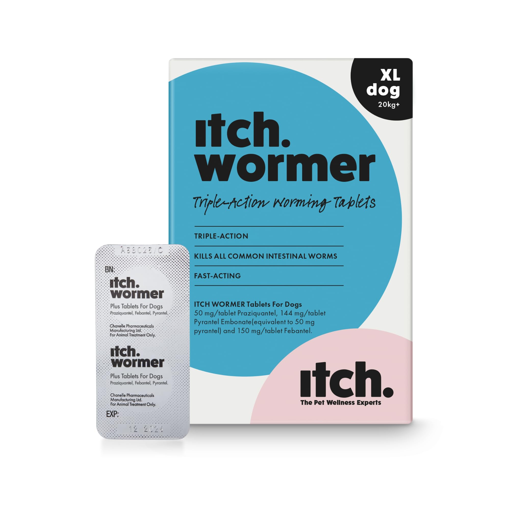 Itch X-Large Dog Wormer Tablets for Dogs 20kg+ - 2 Tablets - Treats Roundworms, Tapeworms, Hookworms & Whipworms - Kills Worm Larvae