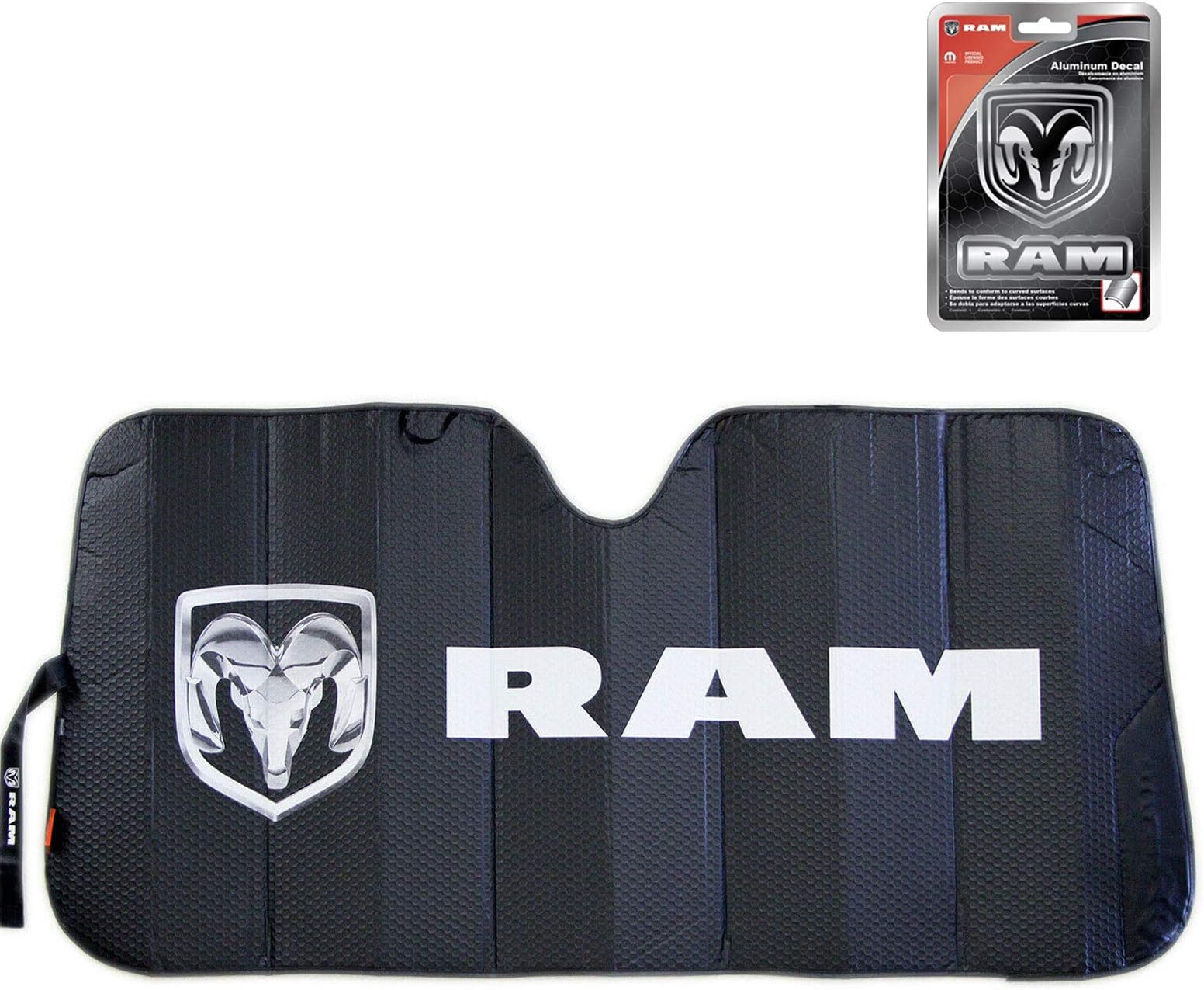 Matt Black Ram Accordian Sunshade and a RAM Full Color Aluminum Decal