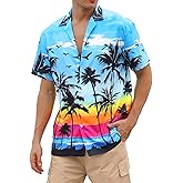 Cromoncent Hawaiian Shirt for Men Short Sleeve Cuban Collar Tropical Holiday Summer Beach Shirts,Aloha Blue,Medium
