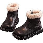 Winter Ankle Snow Boots Girl Boy Waterproof Kids Leather Slip On Combat Boot Cold Weather Outdoor Fleece Lined Warm Walking Shoes Non-Slip Comfortable Casual Side Zipper Riding Boots