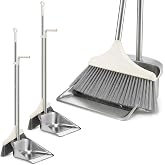 Singhoow 2 Pack Stainless Steel Broom and Dustpan Set Heavy Duty, Long Handle Dustpan with Upright Stand, Angled Bristles for Indoor and Outdoor Home Kitchen Floor Cleaning