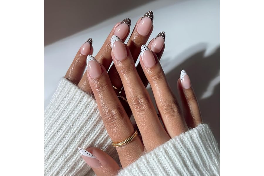 Glamnetic Press On Nails - Short Almond Fake Nails with Polka Dot French Tips, Glossy Finish | Salon Quality | Vacation Nails | Polka in Positano | 15 Sizes - 30 Nail Kit with Glue
