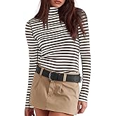 Darong Womens Striped Turtleneck Shirt Long Sleeve Undershirts Ribbed Slim Fit Top Fitted Basic Tees